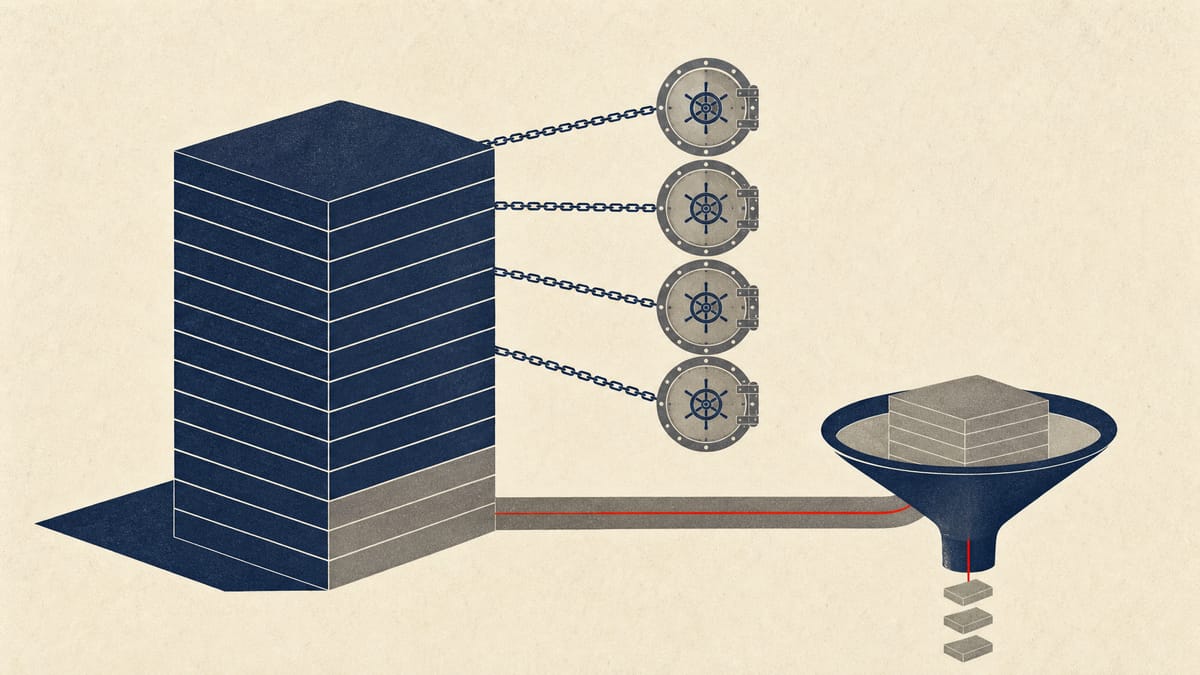 鎖で銀行の金庫アイコンに繋がれた株式のブロックと、その一部が円形の自社株買いの漏斗へ流れ込む様子を描いた、担保提供された株式が企業の自社株買いに応募される様子を表す編集イラスト