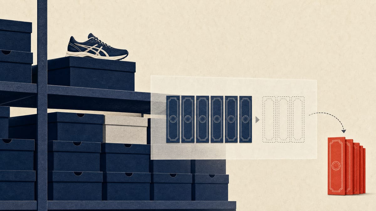 Illustration of stacked athletic shoe shipping boxes with an overlay diagram of a shrinking stock-certificate bar, representing a share buyback and cancellation.