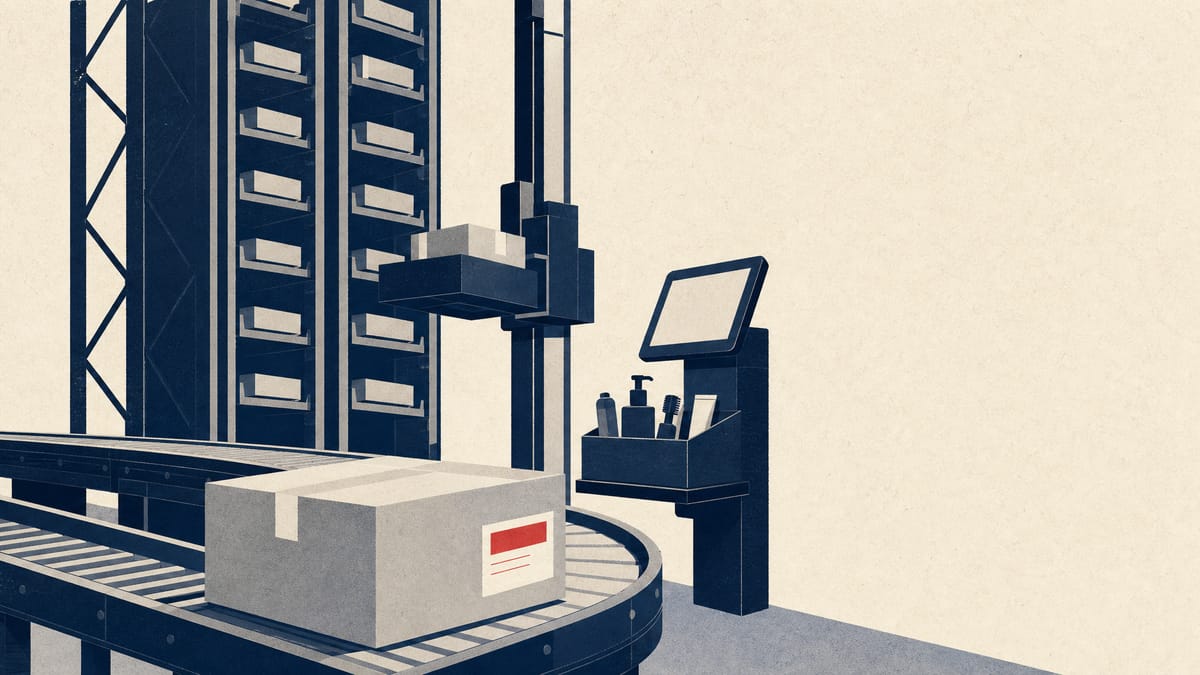 An automated logistics warehouse with conveyor belts and stacked boxes of professional beauty supplies, representing consolidated fulfillment operations.