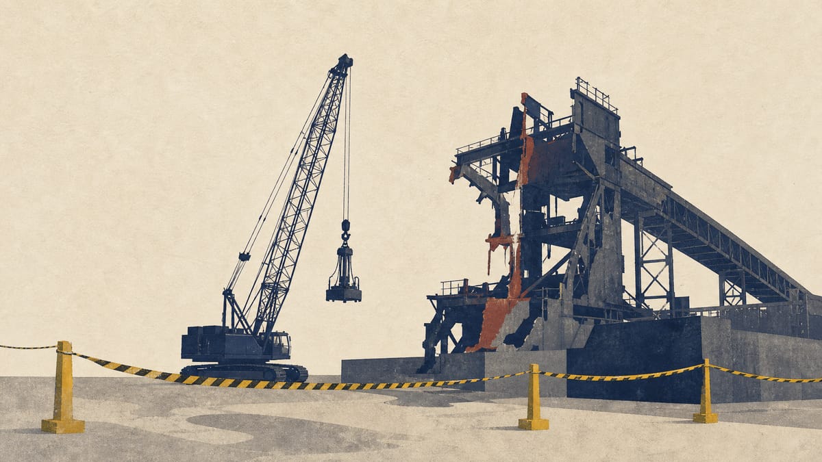 Illustration of a paused demolition crane at a steel mill site cordoned off with safety barriers, evoking a construction firm's safety review after a fatal accident.