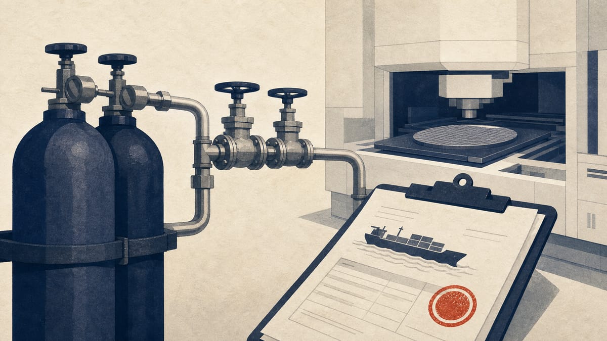 Gas cylinders and pipeline valves at a semiconductor materials plant, with a customs manifest and small red inspection seal in the foreground.
