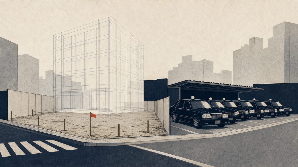 Illustration of a fenced, empty redevelopment lot beside a taxi fleet yard, with a faint architectural outline of a future building overlaid on the vacant site.