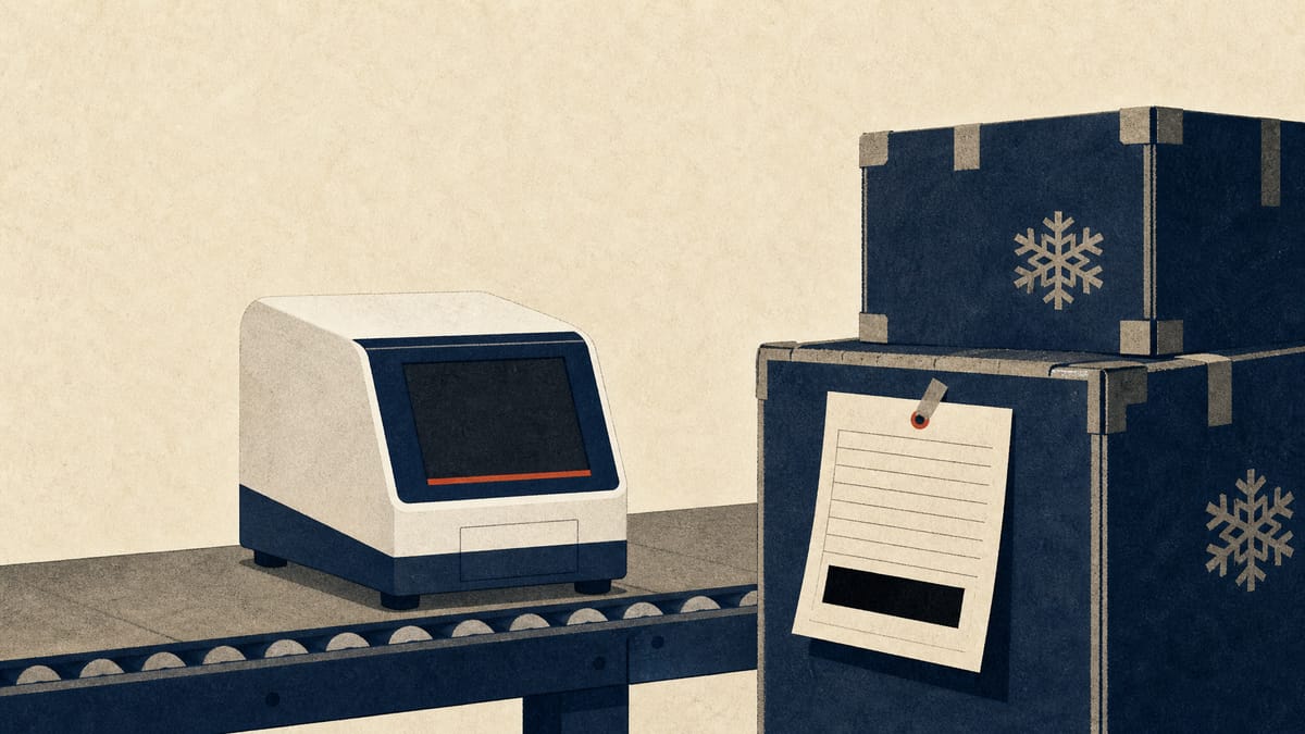 A benchtop instrument being packed for shipment on an industrial line, with a shipping ledger card showing a redacted price field.