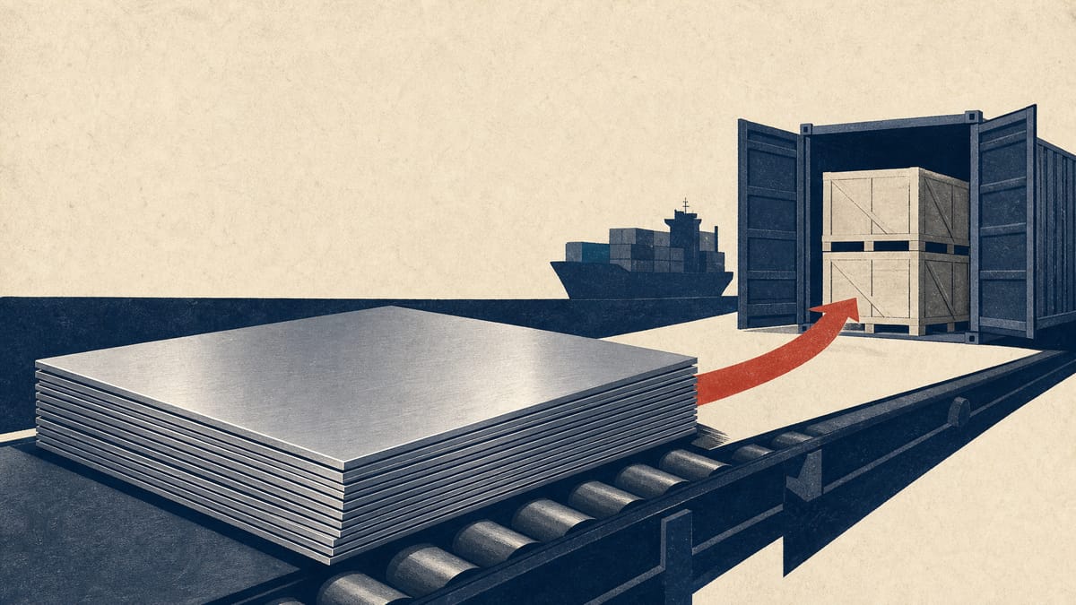 Stacks of aluminum offset printing plates on a factory conveyor with export shipping crates nearby, depicting a cross-border business transfer.