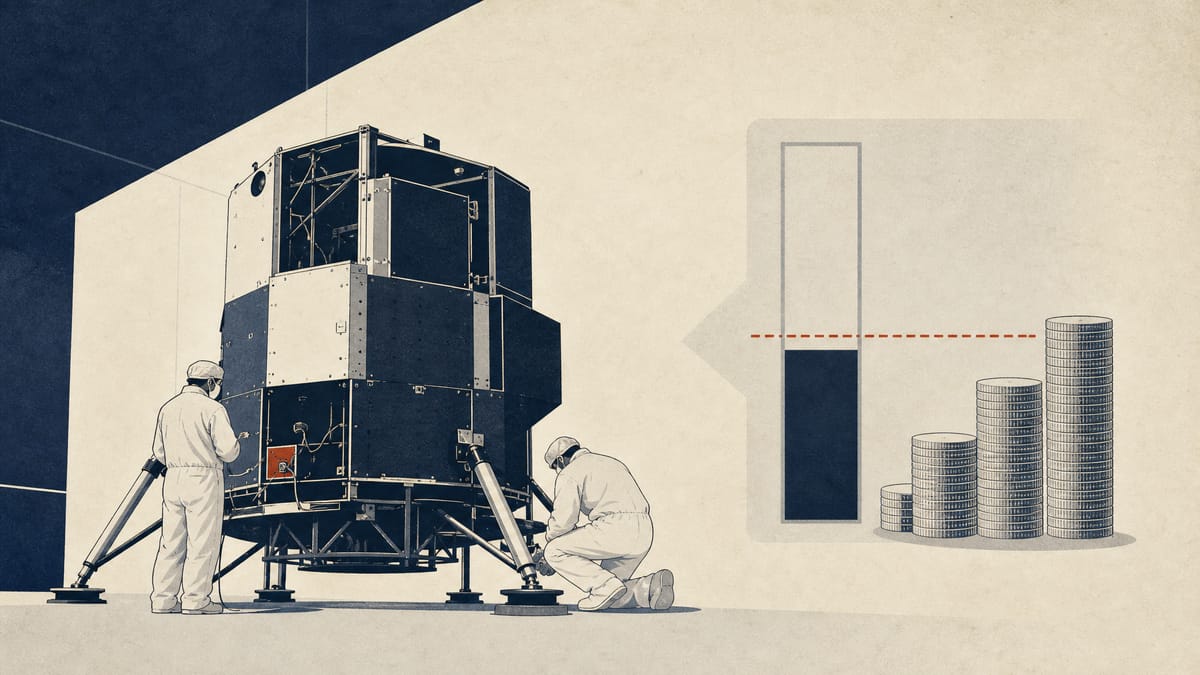 Editorial illustration of a lander module under assembly in a clean room, with an abstract cash-reserve gauge and stacked coin bars symbolizing a bank loan covenant.