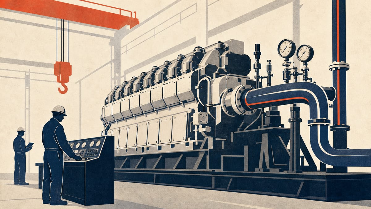 Illustration of a large marine engine on a factory test stand with double-walled hydrogen fuel piping and safety monitoring equipment.