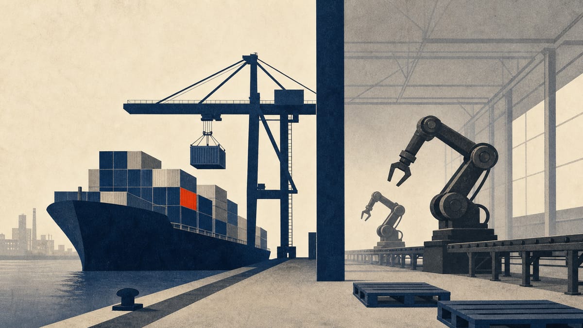 Editorial illustration contrasting active port container cranes with an idle factory production line, representing export strength alongside weak business investment.