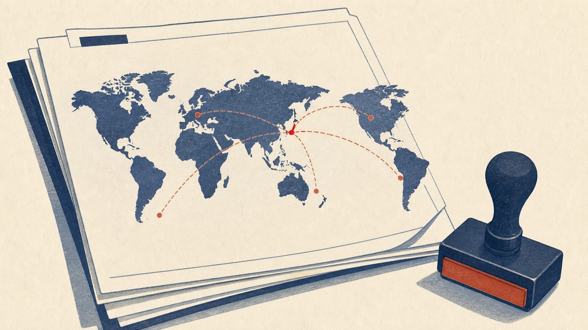 特許出願書類に世界地図を重ねたイラスト、海外特許出願費用への補助金を象徴