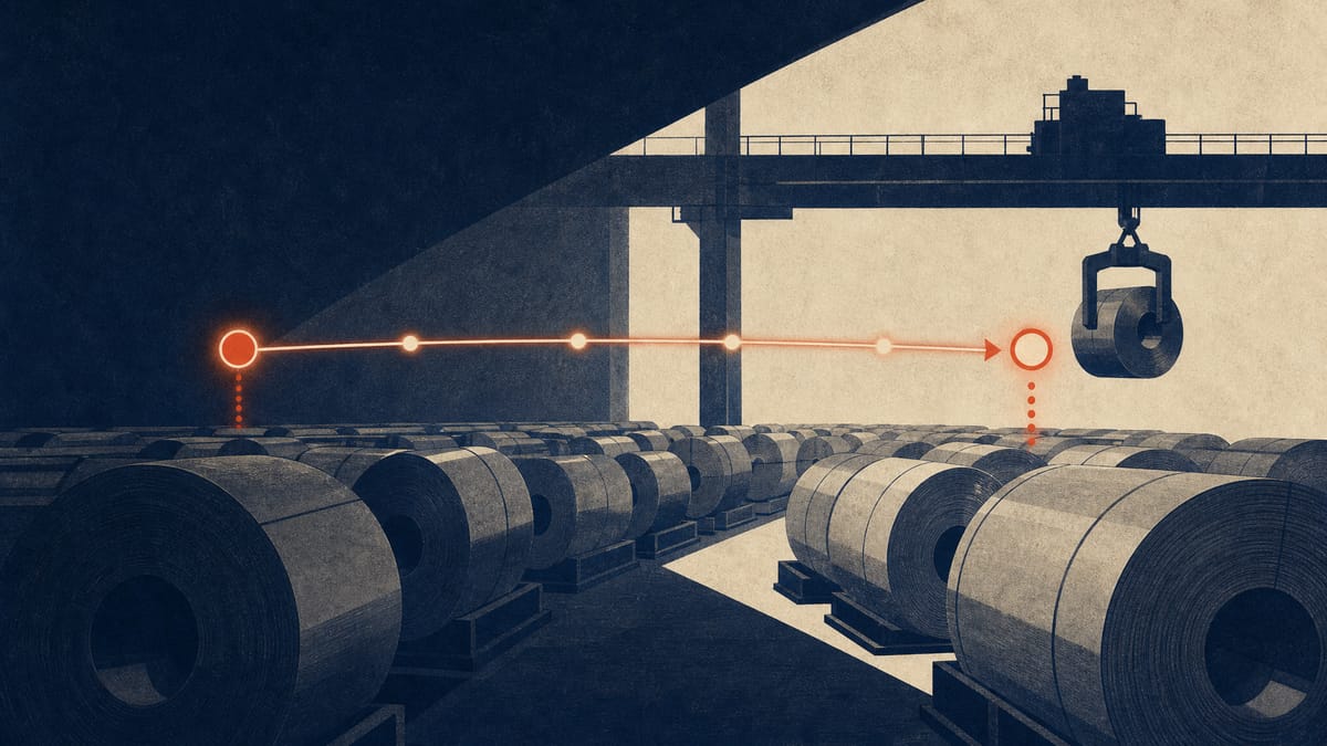 Steel coils stacked in a mill storage yard with a faint overlaid timeline connecting an old bond maturity date to a new one.