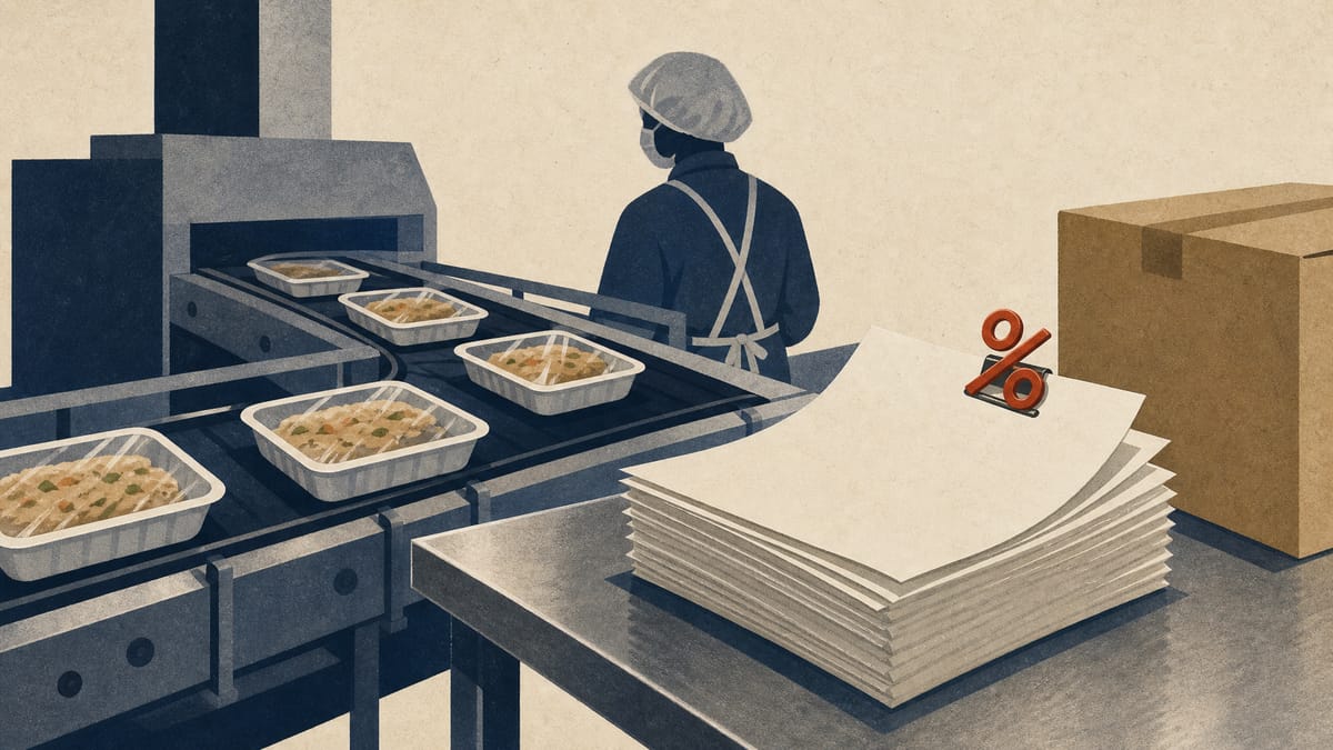 Editorial illustration of a food-processing conveyor line with invoice paperwork showing a percentage deduction clip, symbolizing a subcontractor payment fee dispute.