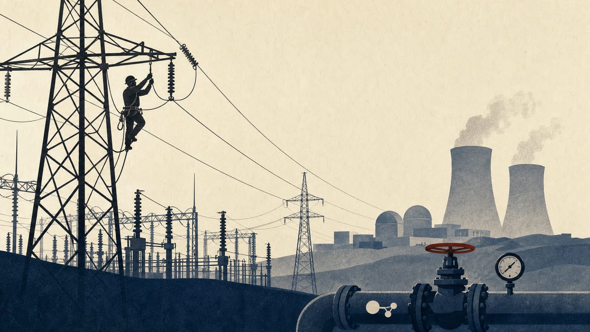Illustration of a power transmission substation and distant nuclear cooling towers with a hydrogen pipeline valve in the foreground, representing utility grid and nuclear investment.