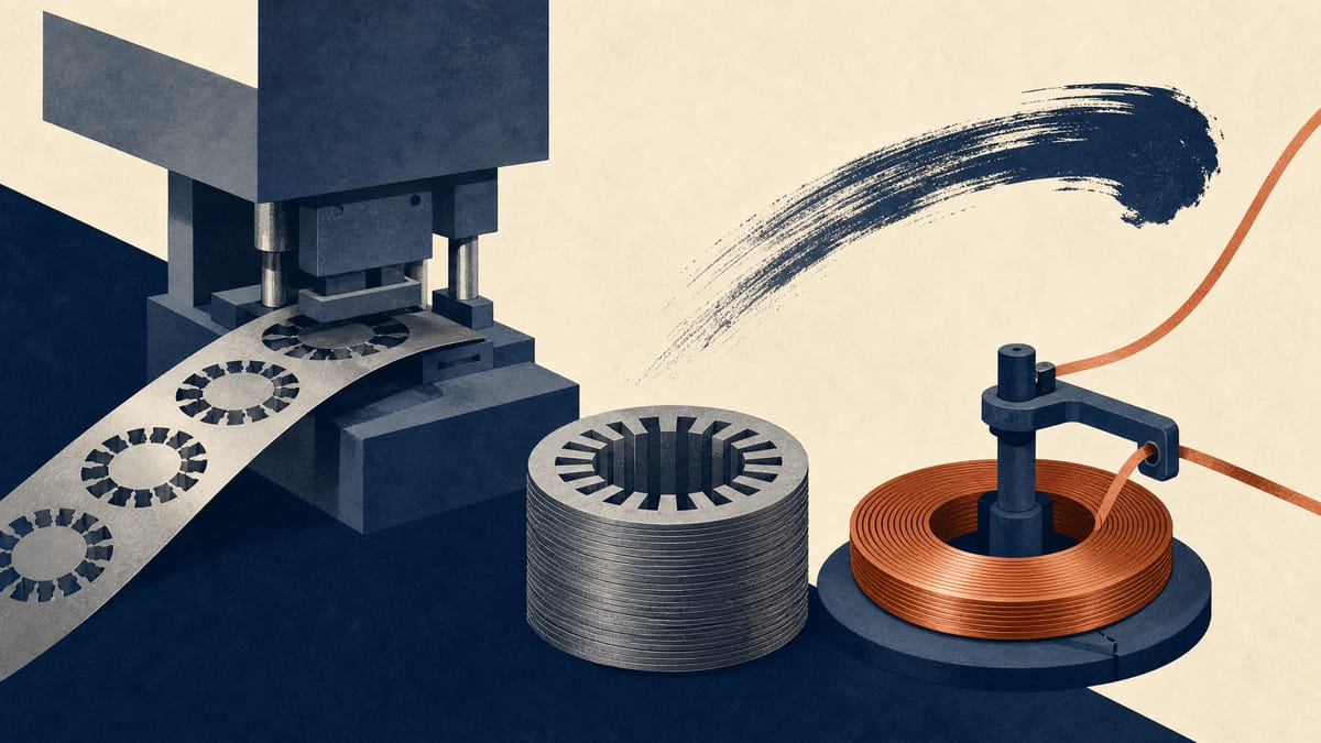 Illustration of a precision manufacturing line with stacked motor-core steel laminations and copper leadframe strip coils.