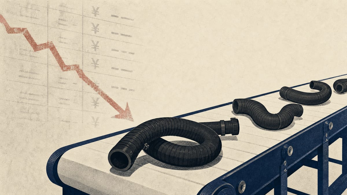 Editorial illustration of automotive rubber hoses on a factory production line, evoking cost pressure from tariffs on a Japanese auto-parts supplier.