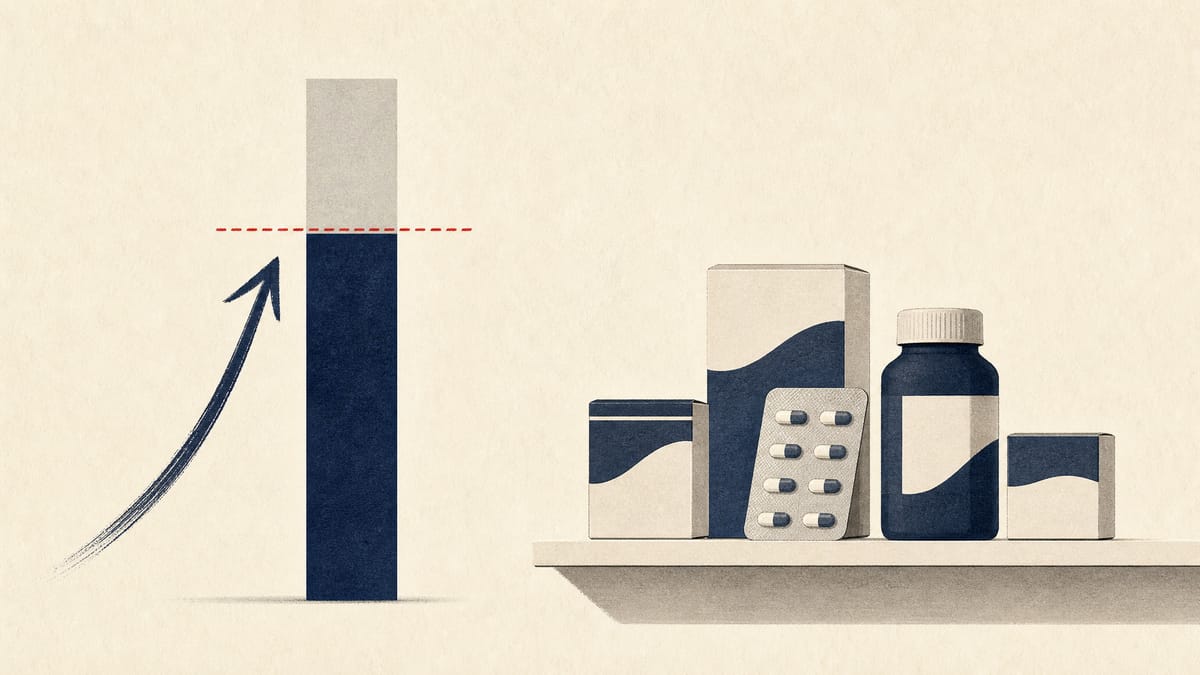 Illustration of an ownership-stake bar chart rising toward a threshold line next to generic medicine boxes on a shelf, symbolizing an activist investor's growing position in a consumer-healthcare company.