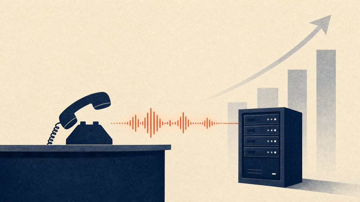Illustration of a phone handset linked by a sound waveform to a server rack, with a rising yen bar chart in the background, representing an AI call-answering deployment.