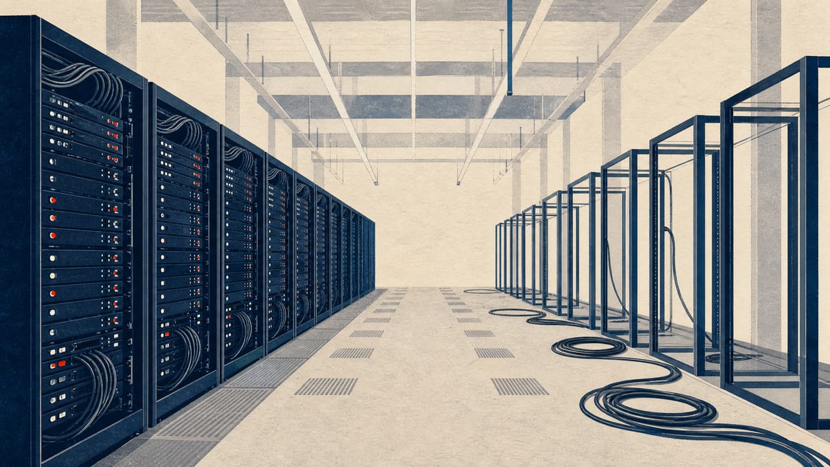 Editorial illustration of a partly built data center hall with GPU server racks on one side and empty rack space with power and cooling conduits awaiting more equipment on the other.