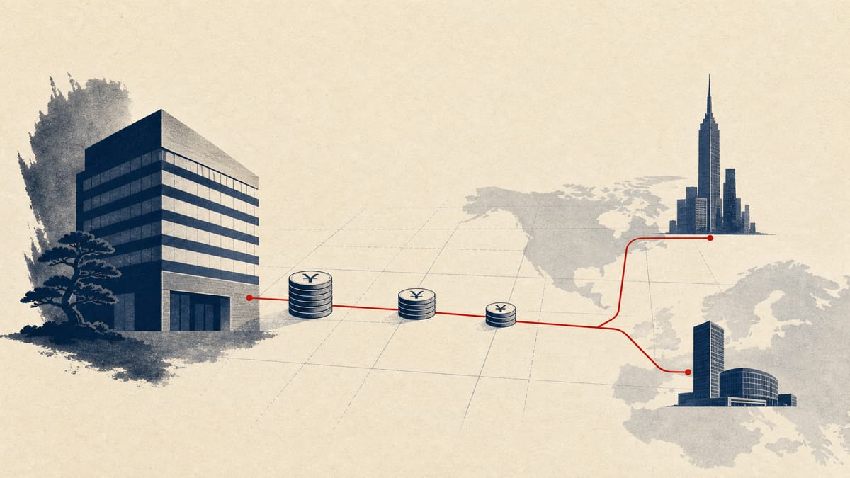 Illustration of stylized yen coins flowing along route lines from a Japanese office building toward US and European building silhouettes, representing IPO capital funding overseas expansion.