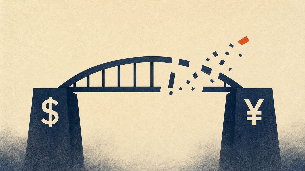 Abstract illustration of a financial bridge structure with sections disappearing, symbolizing the early repayment of a dollar-denominated loan.