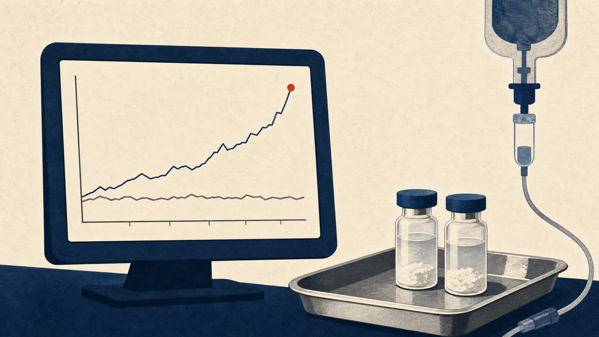 Illustration of two diverging clinical trial result lines on a screen beside laboratory vials of a peptide drug and an IV line, representing a mixed drug trial readout.