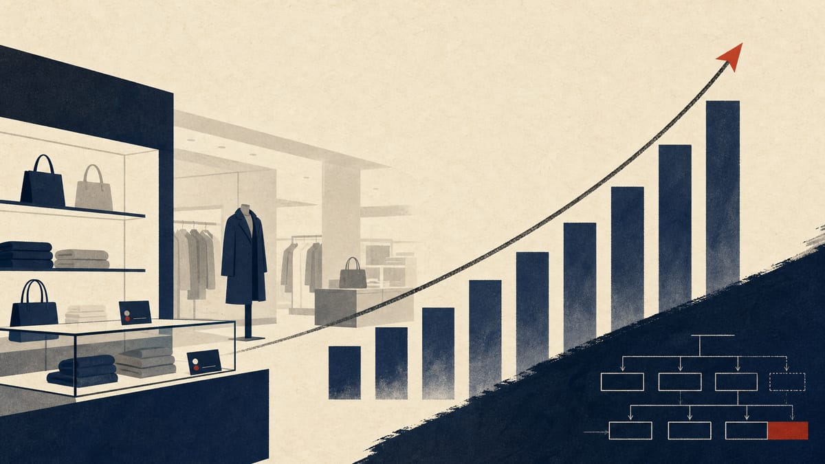 Illustration of a department store retail floor overlaid with a rising ownership-stake bar chart and a capital-allocation diagram, representing an activist investor's growing holding in a retailer.