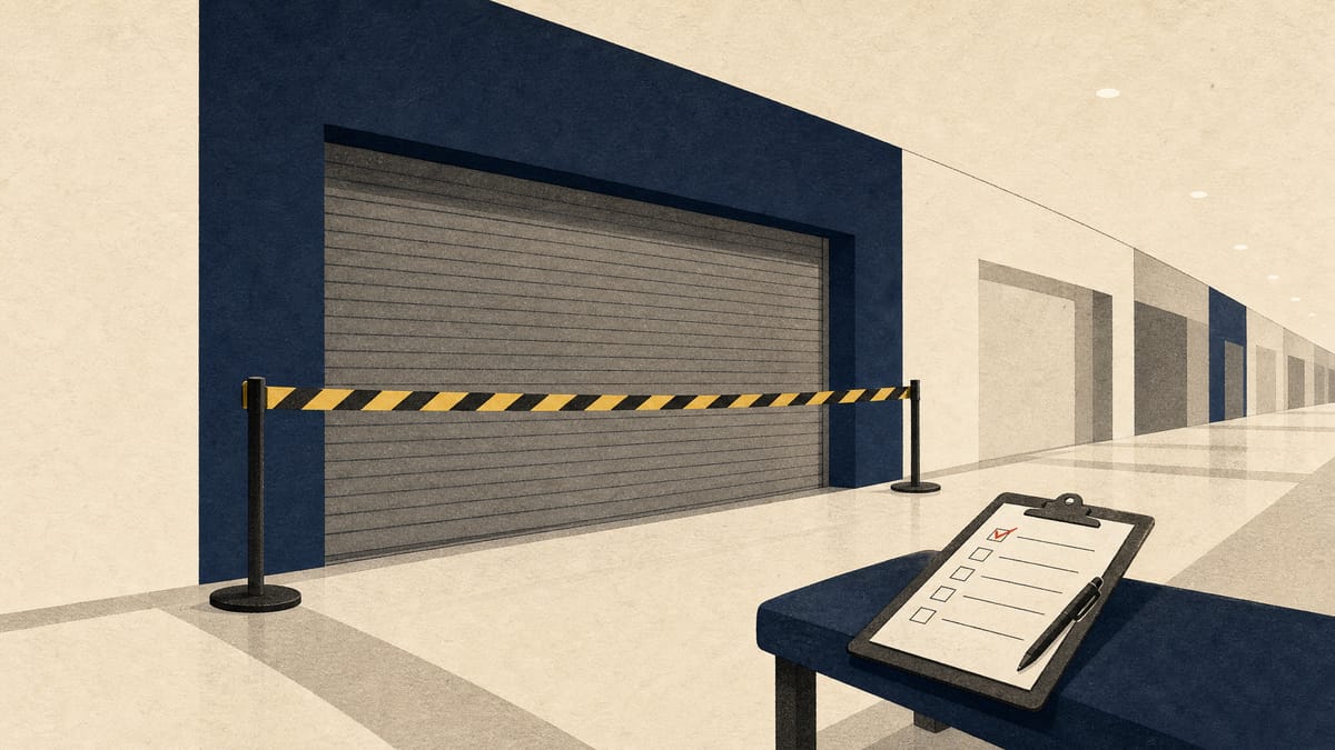 An illustration of a shuttered shopping-mall storefront cordoned off with safety tape and an inspection clipboard nearby, evoking a suspended retail site under safety review.