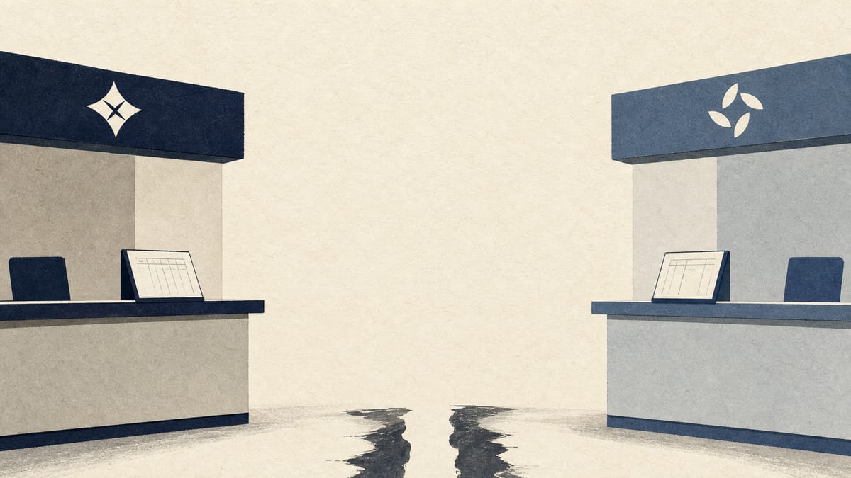 Illustration of two separate bank branch counters standing apart, representing two Japanese regional bank holding companies that called off their planned merger.
