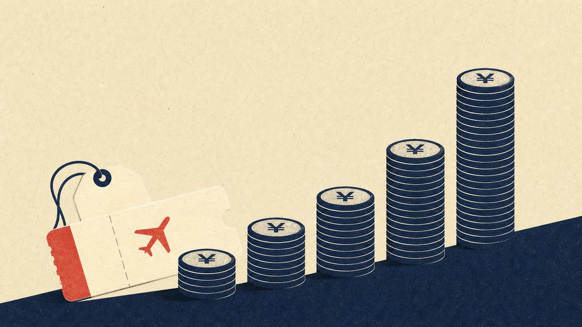 Illustration of rising stacks of yen coins next to a travel ticket stub, representing an online travel company's steep dividend increase.