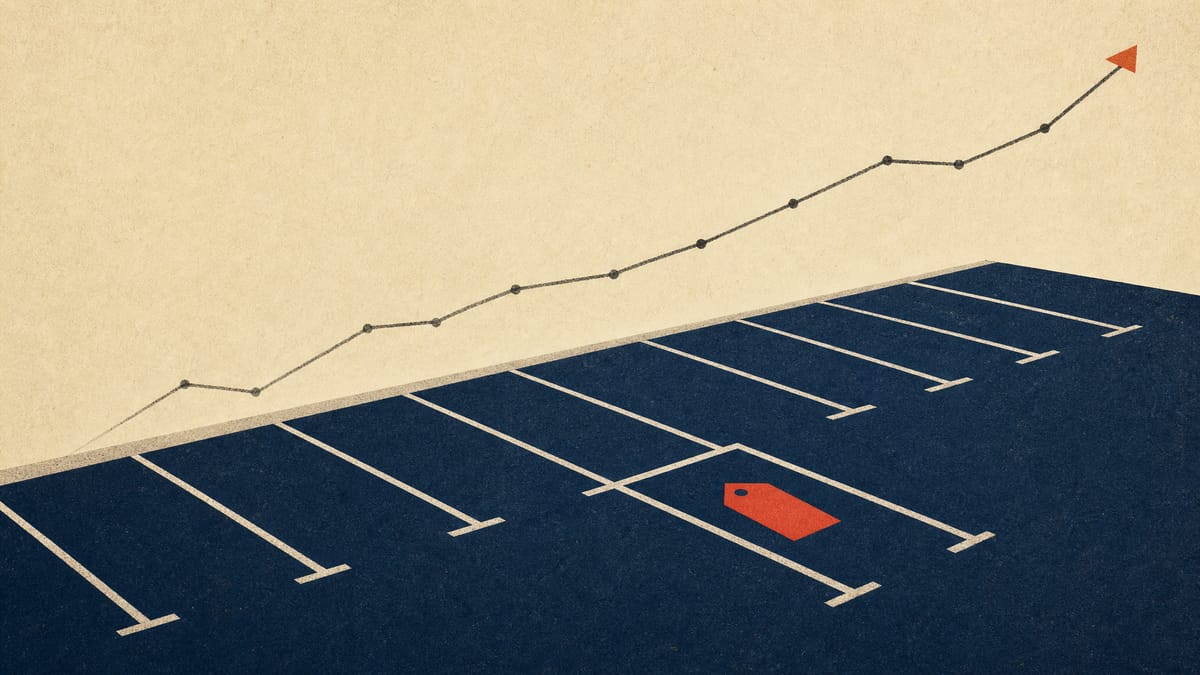 Illustration of a numbered parking lot with a faint ascending line graph overlay symbolizing a stock listing.