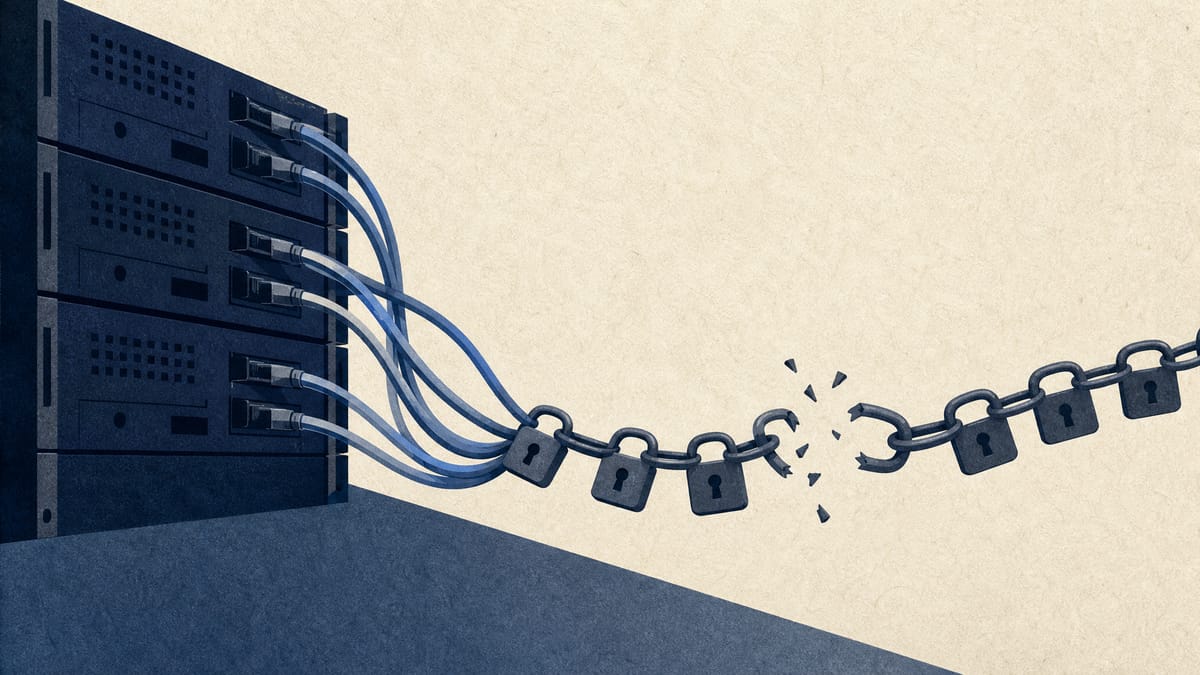 Illustration of server racks with a broken chain of padlock icons symbolizing a suspended certificate authority.
