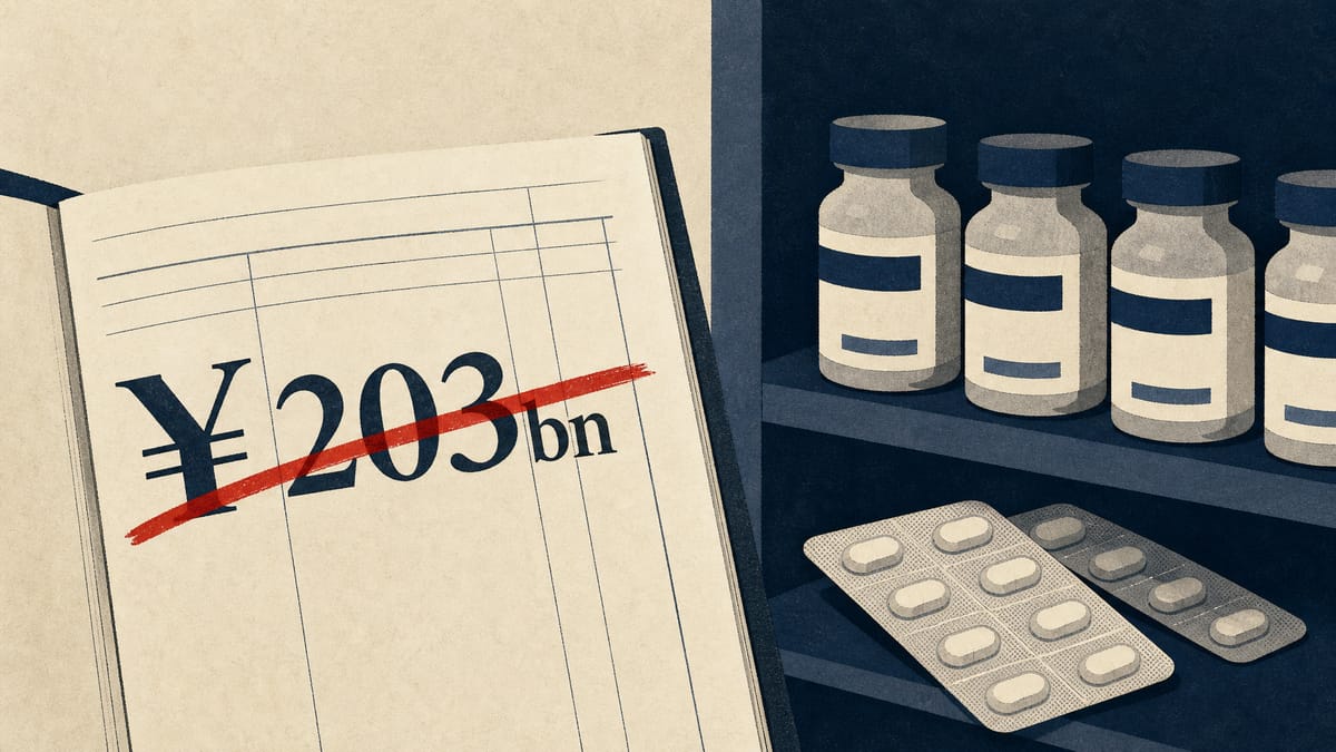Illustration of a ledger page with a large yen claim amount struck through, next to shelved pharmaceutical vials, representing a dismissed lawsuit against a drugmaker.