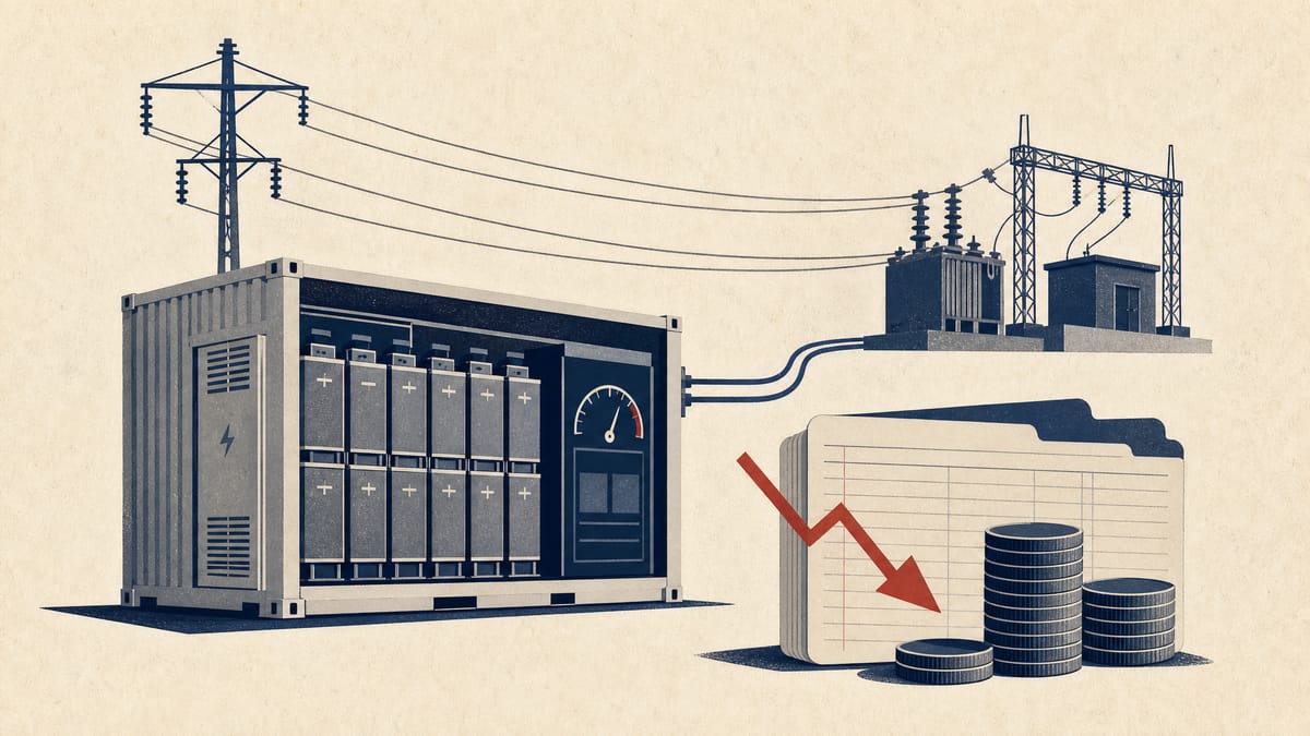 Editorial illustration of a grid-scale battery storage unit linked to power lines, with financial ledger and coin imagery suggesting debt-funded investment.