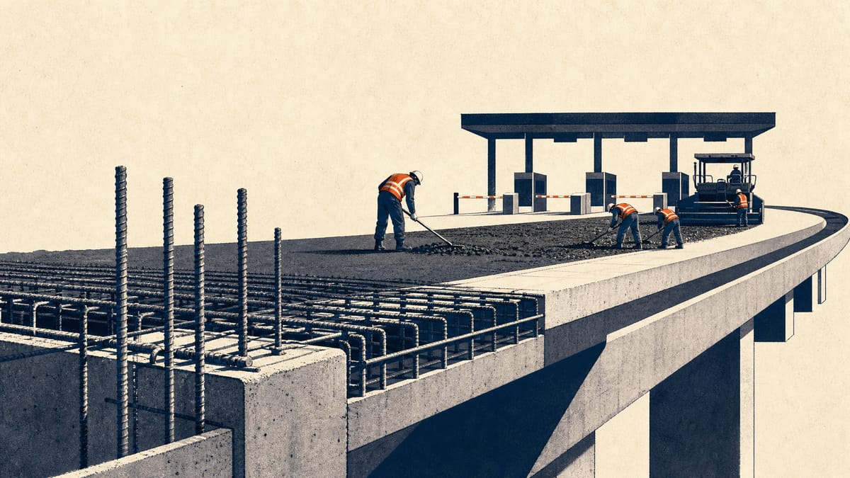 Illustration of an elevated expressway viaduct under construction with workers and a toll-gate structure, representing bond-funded highway financing.