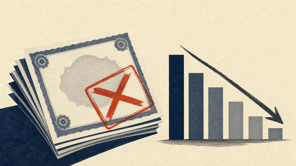 Illustration of canceled stock warrant certificates next to a shrinking bar chart symbolizing reduced share dilution.