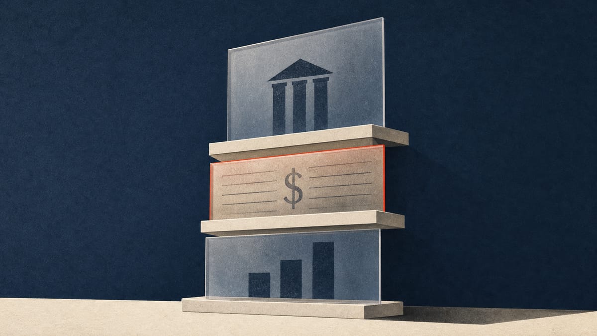 Editorial illustration of a layered capital-structure stack showing a subordinated dollar bond ranked between senior debt and shareholder equity.