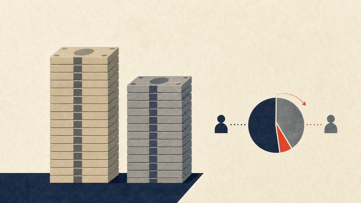 Illustration of two rising columns of stacked bars representing competing takeover offers, with a small diagram showing an ownership stake shifting between shareholder blocks.