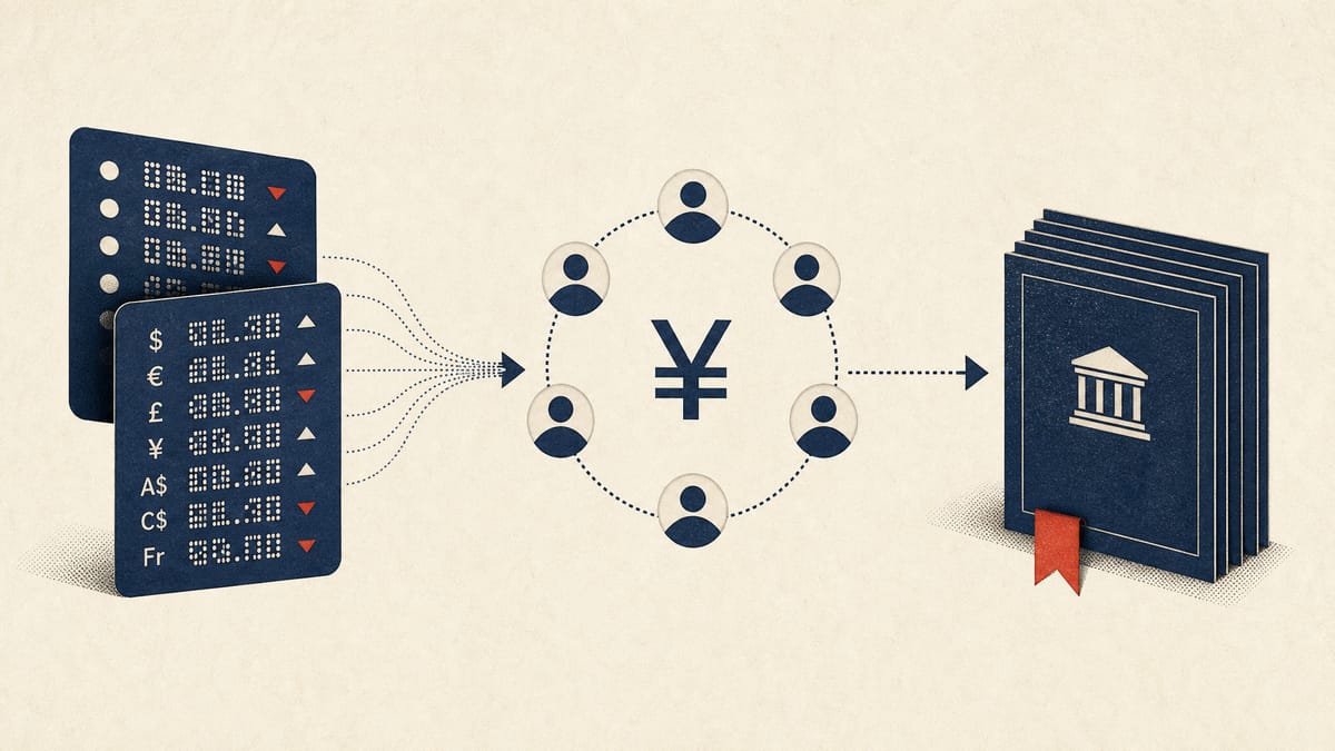 Abstract illustration of currency exchange data panels and bond ledgers arranged around a yen symbol, representing coordinated international currency policy discussion.