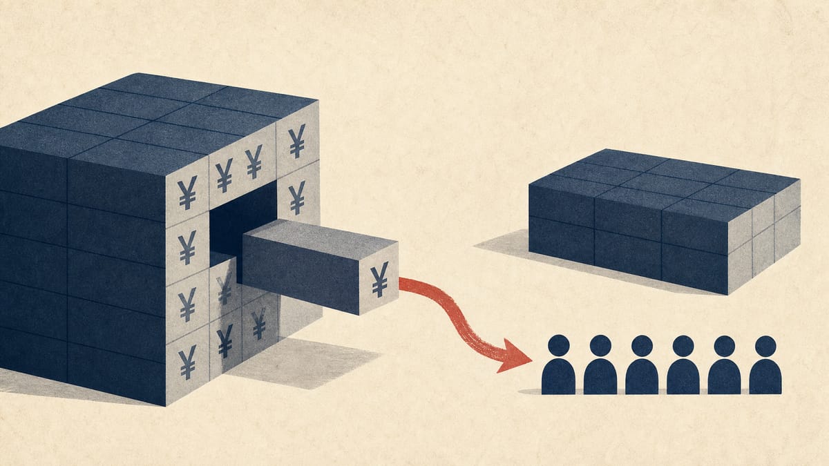 Illustration of a large block of stacked yen-denominated ledger units breaking away toward shareholder icons while a separate untouched reserve remains, symbolizing a one-time special dividend paid from retained earnings.