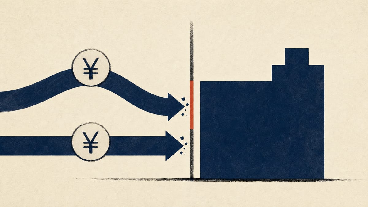 Abstract diagram of corporate cash flows for share buybacks and a dividend pressing against a legal distribution limit line, illustrating a shareholder lawsuit over Nidec's capital returns.