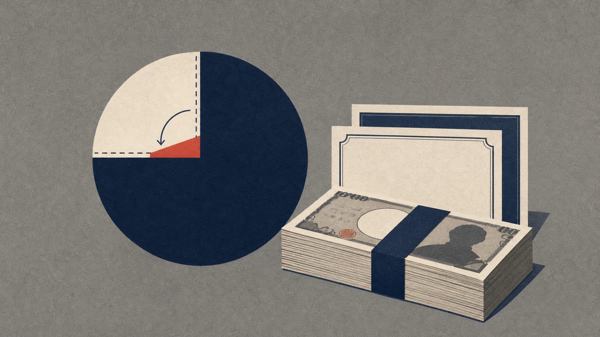 Illustration of an ownership pie chart showing a stake rising just past one quarter, next to stacked yen banknotes and abstract share certificates.