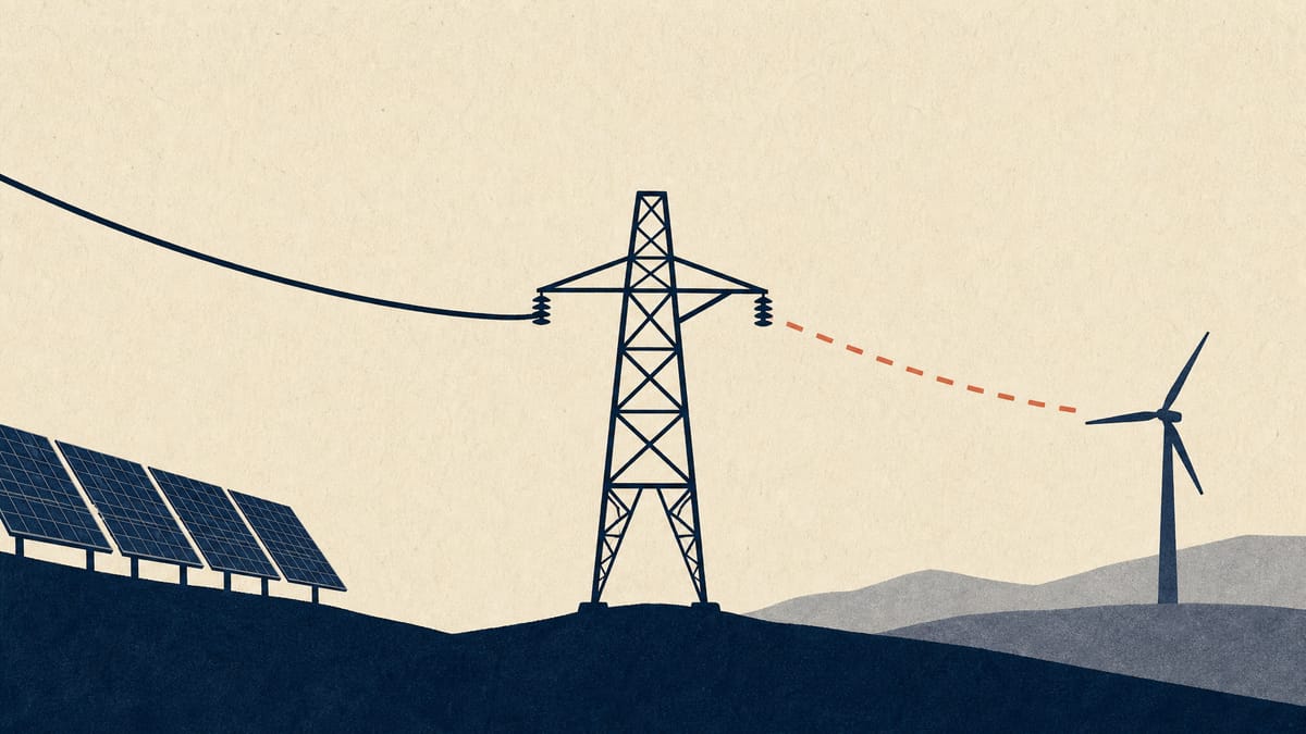 Illustration of a high-voltage transmission tower running between a solar panel field and a wind turbine, with one line segment shown dimmed to suggest a curtailment order.
