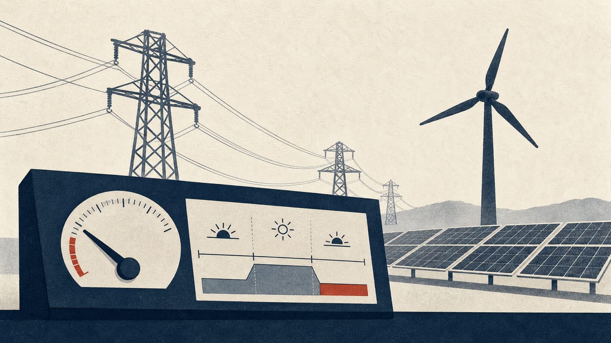Editorial illustration of a transmission line above solar panels and a wind turbine, with a grid dispatch panel showing a curtailment schedule.