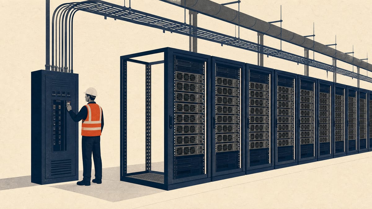Editorial illustration of a data center hall with GPU server racks, one bay left empty beside fully populated racks, evoking a partially delivered equipment order under a financed contract.