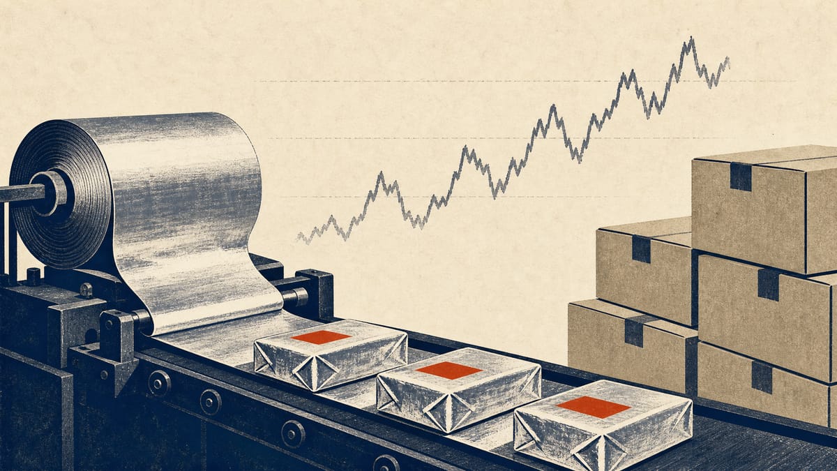Illustration of a cheese-wrapping production line with packaging rolls and cartons, evoking rising material and currency costs.