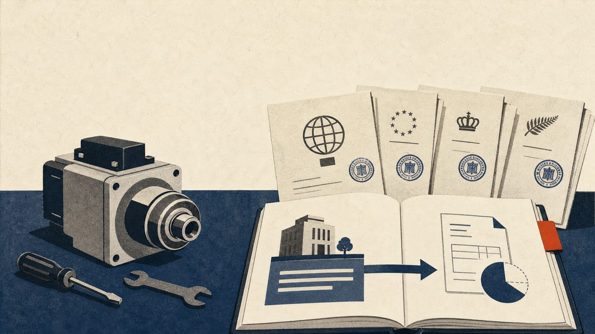 A workshop desk with an export product prototype, stamped foreign patent filing documents, and a ledger showing a partial subsidy flow from a regional government budget.