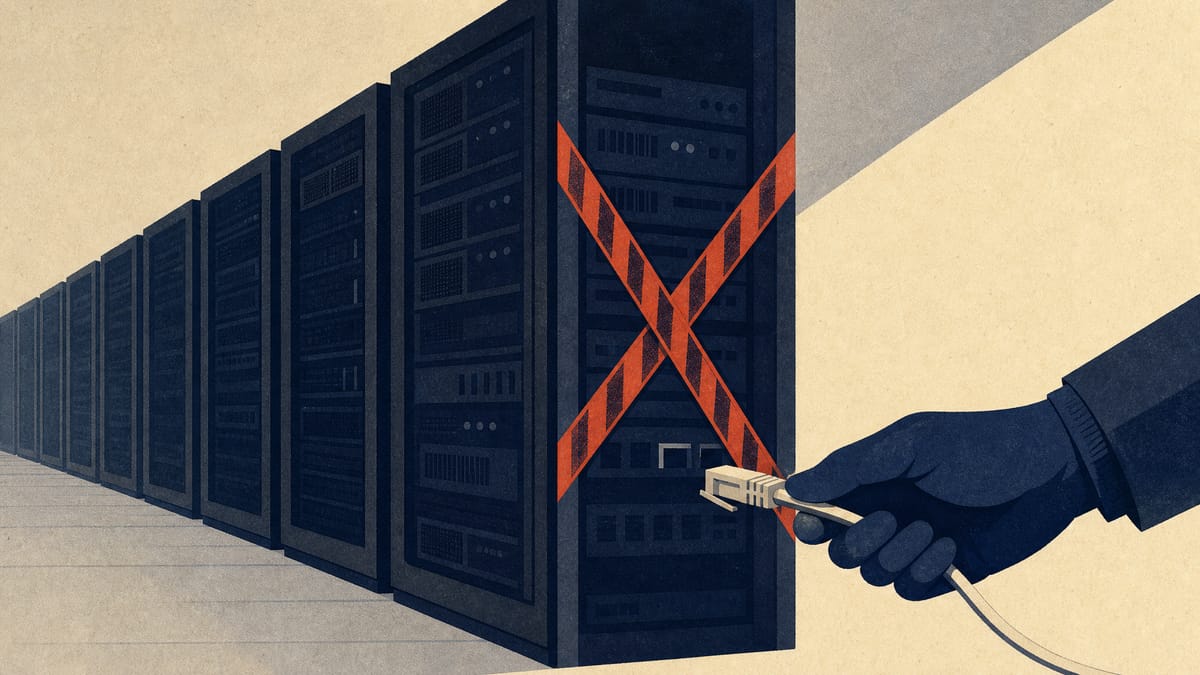 Editorial illustration of a data center server rack with one section cordoned off for security remediation work.