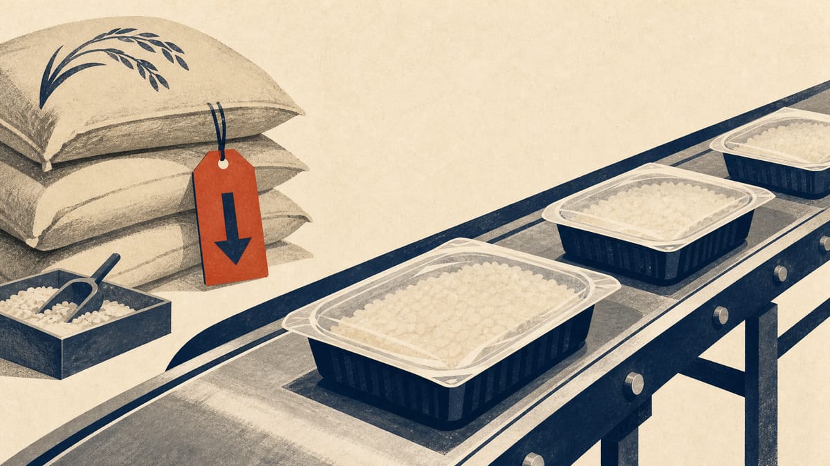 Packaged rice trays on a factory conveyor line beside stacked raw rice sacks, illustrating cost pressure on a Japanese packaged-food maker.
