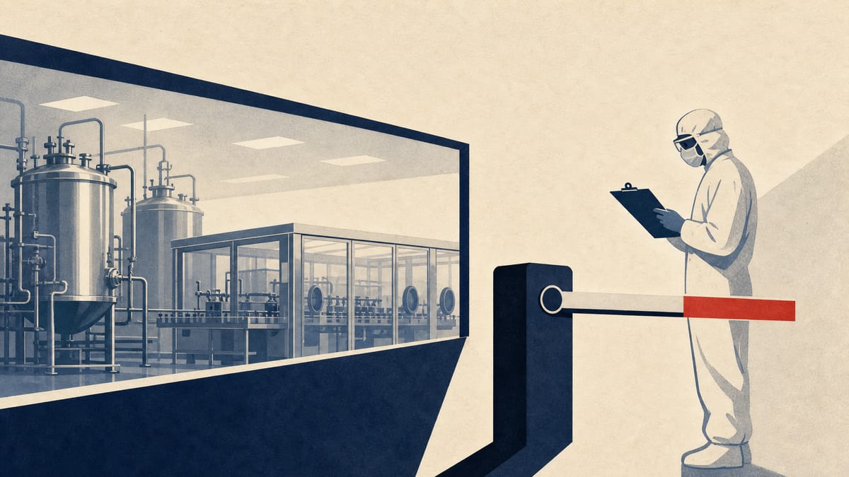 Editorial illustration of a pharmaceutical manufacturing cleanroom with steel bioreactor tanks and a technician reviewing a quality-inspection checklist.