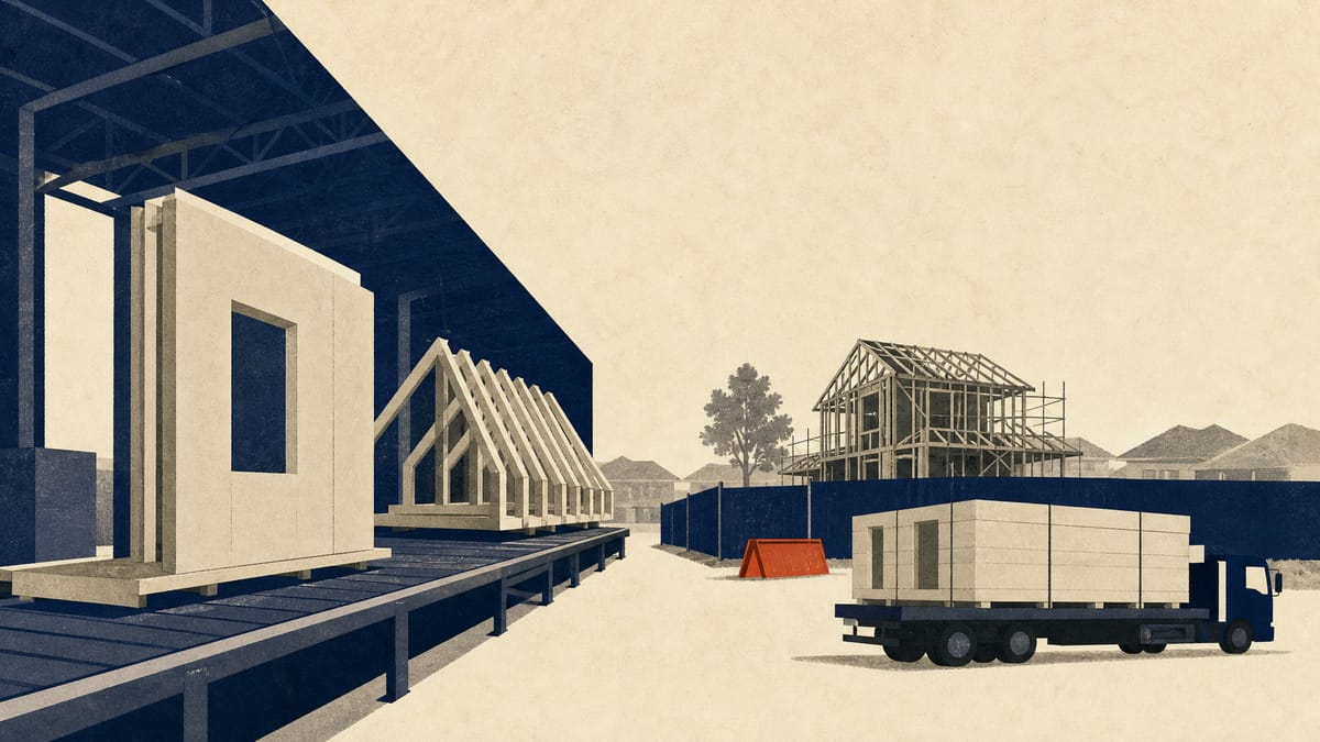 Illustration of prefabricated housing modules being assembled on a factory line for shipment to an Australian residential construction site.