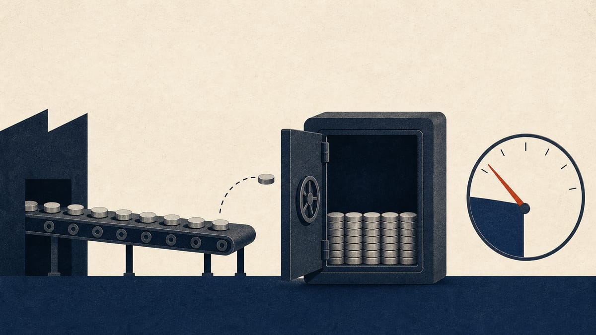 Illustration of share tokens moving from an assembly line into a treasury vault, with a dial gauge showing roughly one-third full, symbolizing a partially completed corporate share buyback program.