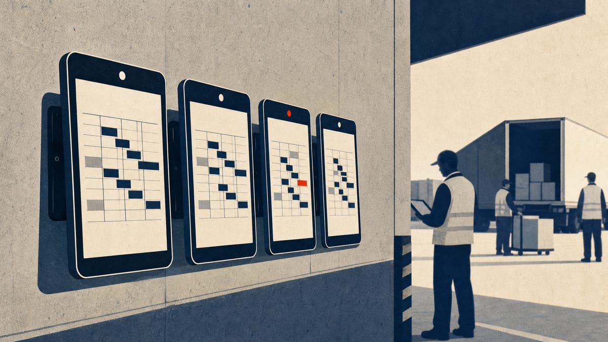 Editorial illustration of shift-scheduling tablets at a warehouse dock showing abstract worker-matching data displays, with workers in safety vests in the background.